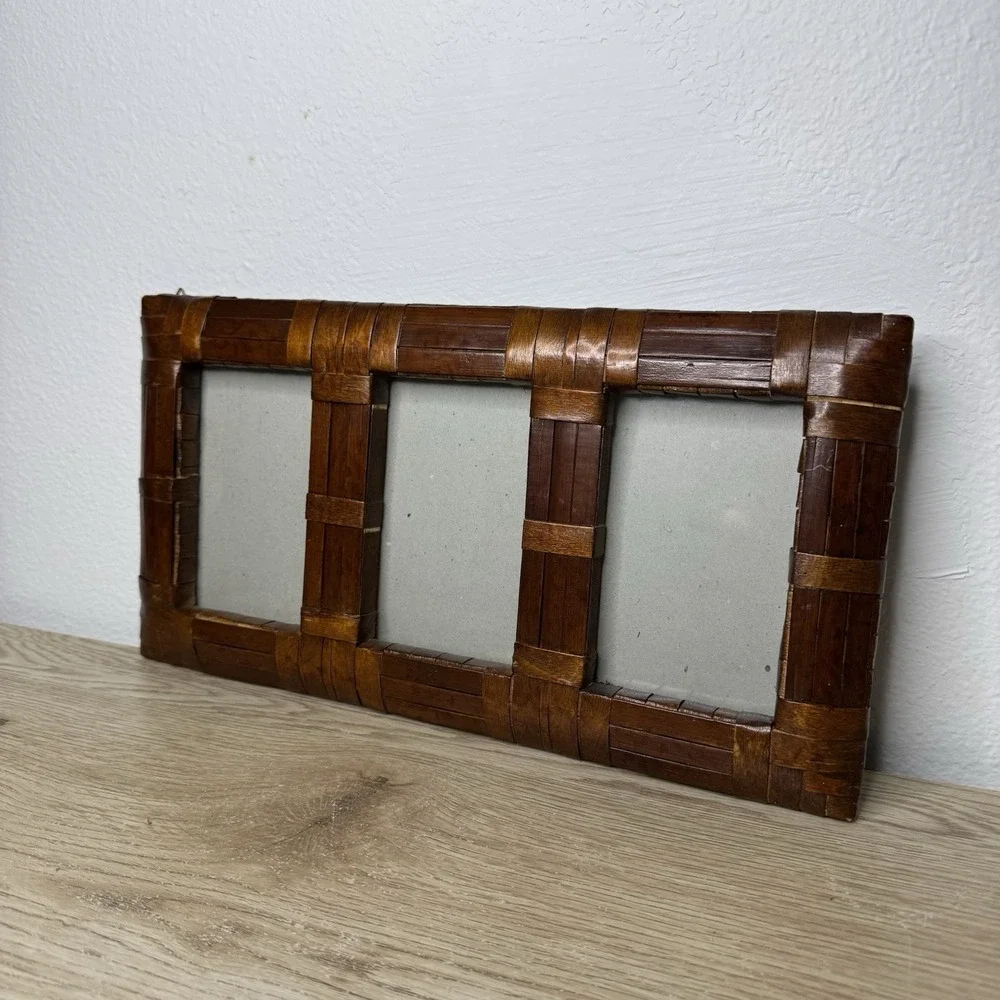 Pier‎ 1 3 Photograph Slots 4x6 Wall Frame Brown Woven Rattan Wood Boho Coastal